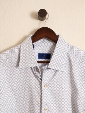 David Donahue Blue Geometric Print Dress Shirt